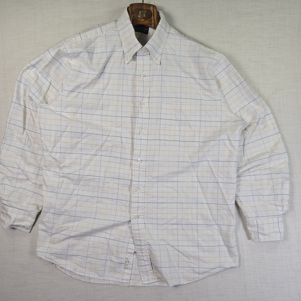 VTG Lands End Mens 16.5-35 Hyde Park Oxford Shirt White Blue Yellow Grid Pattern